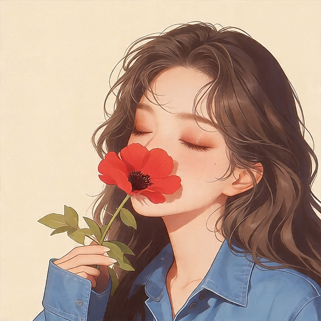 参考提供图片，保持相同动作：闭着眼睛，手拿着红色虞美人花放在嘴边，穿着蓝色牛仔衬衫，暖调简约背景，棕色大波浪长发，插画风格，生成一张全新不同长发美女的正方形头像，高清晰，氛围感，人物和参考图中的人完全不同