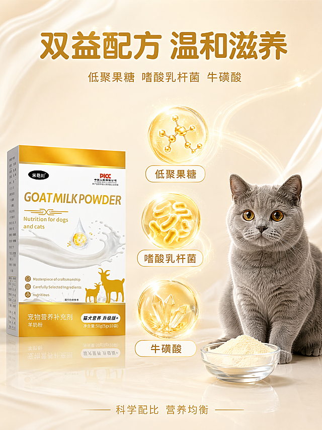 [第2张] 核心配方卖点页-米奇川宠物羊奶粉双益配方成分可视化。本张使用【图1】作为商品主体。
[氛围/风格] 专业营养配方感，金白主色调，成分粒子可视化暗示功效，商业摄影质感。
[元素布局] 画面左侧放置米奇川宠物羊奶粉包装盒正面视角，占比约35%；保持产品外观与输入产品图完全一致。右侧是一只写实英短蓝猫，体态匀称毛发顺滑，安静蹲坐，眼神明亮健康。猫前方有一小碗乳白色羊奶粉。画面中部悬浮三个金色光晕包裹的成分粒子可视化效果：低聚果糖分子结构、嗜酸乳杆菌菌群微观示意、牛磺酸结晶颗粒，呈微观放大效果，半透明金色光晕。背景为浅米金色带细微奶液流动纹理。
[光影质感] 顶部柔光箱主光均匀照亮产品与宠物，金色成分粒子有自发光效果；底部补光提亮阴影，整体光线干净通透，无强烈明暗对比。
[配色色系] 全局底色 #F7ECD9 浅米金奶白渐变；主色产品金色 #D4A853；辅助色乳白色 #FFFFFF；点缀色暖金粒子光效。
[视角构图] 平视视角，产品在左、宠物在右形成平衡构图，成分粒子在中部形成视觉引导，景深中等。
[文字版式] 顶部居中主标题「双益配方 温和滋养」深金色粗体圆润字体最大号；副标题「低聚果糖 嗜酸乳杆菌 牛磺酸」浅金色小字约主标题三分之一高度。中部三个成分粒子下方各配白色圆角卡片金色细描边：左卡「低聚果糖」、中卡「嗜酸乳杆菌」、右卡「牛磺酸」，卡片文字深金色。底部一行小字「科学配比 营养均衡」浅金色居中。
[比例分辨率] 3:4竖版比例，4K分辨率，文字清晰可辨，高清画质。
[负向提示词] 变形，水印，文字错乱，文字过小，缺件错件，结构错误，颜色偏差，包装文字错乱，产品图模糊，背景杂乱，医疗图标，功效承诺，治疗相关词汇。