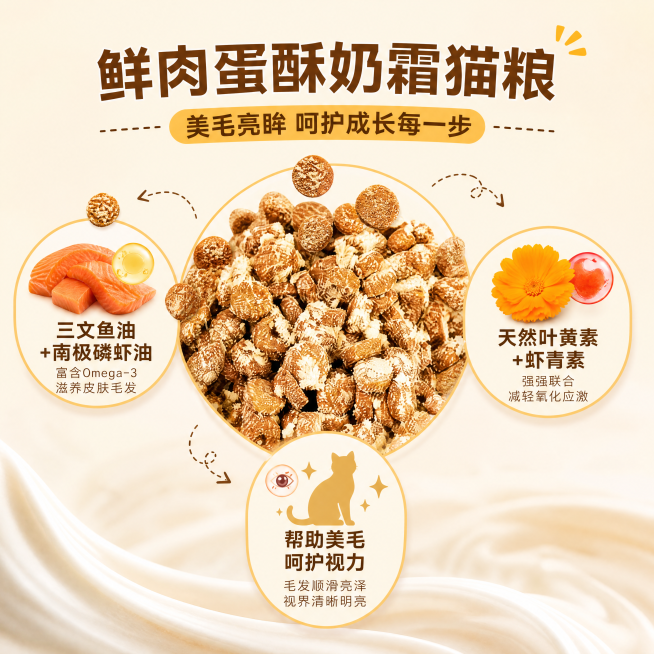[主图-4] 鲜肉蛋酥奶霜猫粮美毛亮眸卖点图，中心放大展示猫粮颗粒细节，三个圆形卡片标注三文鱼油+南极磷虾油、天然叶黄素+虾青素、帮助美毛呵护视力，保持颗粒真实纹理，浅暖背景，排版活泼清晰，无夸张违禁预览效果