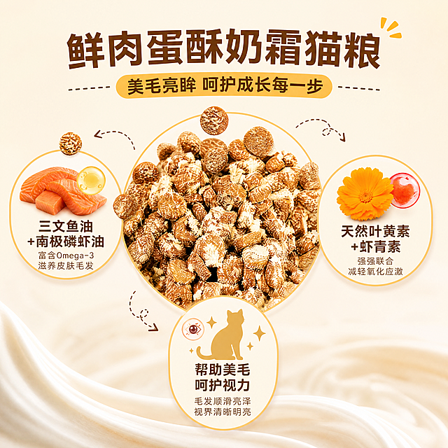 [主图-4] 鲜肉蛋酥奶霜猫粮美毛亮眸卖点图，中心放大展示猫粮颗粒细节，三个圆形卡片标注三文鱼油+南极磷虾油、天然叶黄素+虾青素、帮助美毛呵护视力，保持颗粒真实纹理，浅暖背景，排版活泼清晰，无夸张违禁词，1:1构图。