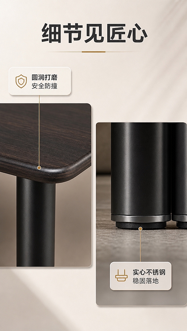 [商品] 使用【图1】DC-6607A大方几（木面）；保留方形台面、深色烟熏木皮纹理、黑色实心不锈钢圆柱底架、整体结构比例和颜色；增强边角与柱脚细节质感。
[画面] 目标：细节工艺展示，边角圆润边角处理与不锈钢柱脚工艺细节。构图：左右分栏，左侧50%台面圆角边角特写，展示圆润打磨不刮手；右侧50%不锈钢柱脚底部细节，展示防滑脚垫与平整落地稳。上下错落，主体细节占画面约60%。
[视觉] 套系策略：风格=高级大气轻奢现代家居商业摄影；标题字=现代无衬线粗体中文；正文字=简洁无衬线体；主色=米白暖灰；背景延展=基于米白暖灰做深浅层级、同色渐变和细腻哑光质感；强调色=古铜金，仅用于小面积图标、引线和标签；标题色=深炭灰；正文色=中暖灰；组件=圆角浅底信息卡、细线引线；光影=左前侧暖柔光，明亮通透。
[文字] 顶部通栏主标题「细节见匠心」，左侧圆角旁标注「圆润打磨 安全防撞」，右侧柱脚旁标注「实心不锈钢 稳固落地」，文字横向排版，引线指向对应细节。
[规格] 图片比例9:16竖版，4K分辨率，负向提示：避免变形、错字、文字过小、冷蓝背景、产品颜色改变、结构失真。