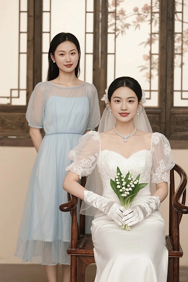 杏色背景，有中式花窗，身着洁白柔纱刺绣婚纱的新娘与穿浅蓝色雪纺连衣裙的闺蜜，新娘戴手套手持铃兰捧花，新娘坐在中式椅子上，闺蜜站在新娘身后，新娘戴精美钻石项链，奶油色暖调光影，超高清写实。