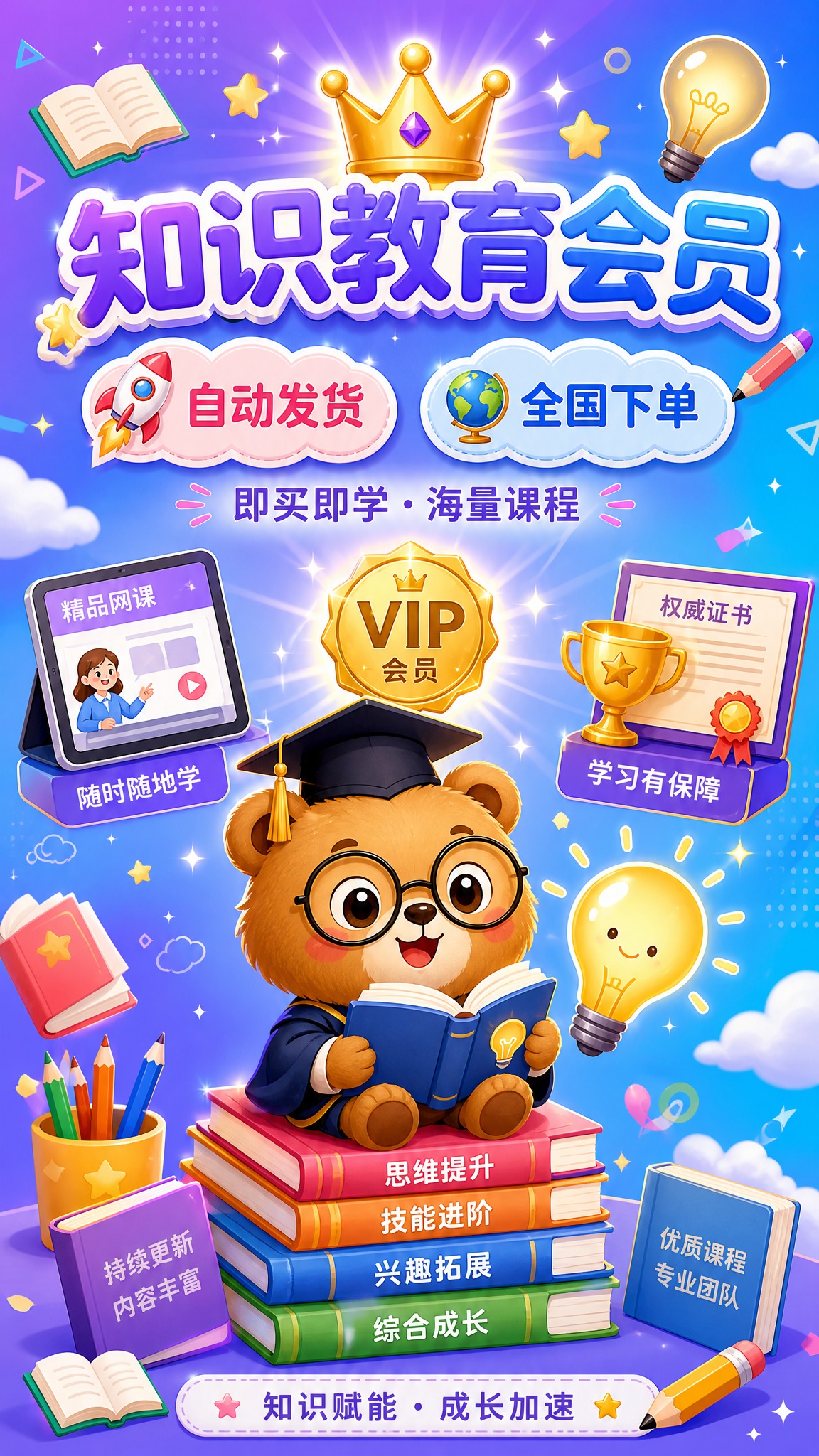 一张知识教育会员服务宣传海报，竖版9:16比例，生动可爱的卡通… - 图片创意预览