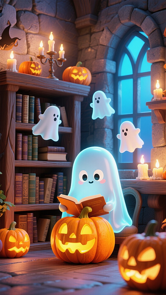 有一只可爱的幽灵坐在南瓜上看书，旁边有书架、南瓜灯和小幽灵，背景是古堡内景，复古。