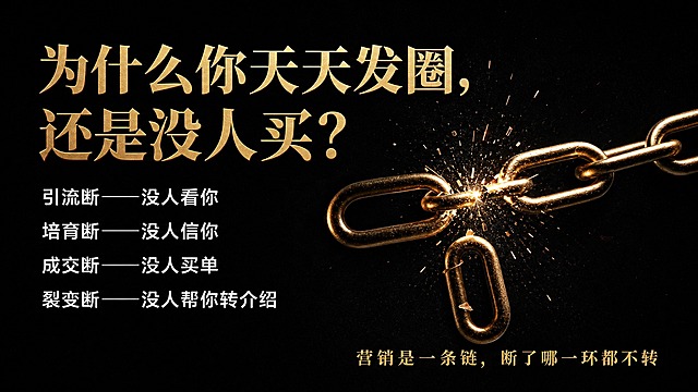 基于参考图的金色断裂铁链与黑色背景主视觉，制作一张16:9横版商业营销海报。画面右侧保留金色铁链断裂迸溅火花的视觉主体，左侧和上方留出排版空间用于文字。主标题为金色大号衬线字体："为什么你天天发圈，还是没人买？"，位于画面左上区域，醒目有力。正文为白色无衬线中号字体，分四行排列在主标题下方："引流断——没人看你"、"培育断——没人信你"、"成交断——没人买单"、"裂变断——没人帮你转介绍"。画面底部偏右位置为金色小字点睛句："营销是一条链，断了哪一环都不转"。整体风格高端商务，纯黑背景，金色与白色文字形成强烈对比，铁链断裂处火花细节精致，光影质感强，版式精美，留白合理，文字清晰可读。画面中不添加二维码，不添加任何提示以外的文字。画面中必须完整呈现以下文字信息：主标题"为什么你天天发圈，还是没人买？"，正文"引流断——没人看你"、"培育断——没人信你"、"成交断——没人买单"、"裂变断——没人帮你转介绍"，点睛句"营销是一条链，断了哪一环都不转"。