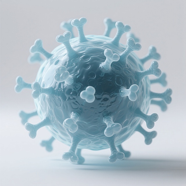 高精度3D渲染的病毒细胞微观结构，半透明的淡蓝色细胞膜包裹着具有细腻纹理的球形病毒核心，表面布满多个突起的蛋白质刺突，整体呈现出科学插画的写实风格，光线从上方柔和照射，形成自然的高光与阴影对比，展现出病毒的立体形态与生物质感，背景为纯白色以突出主体结构的细节，具有医学研究可视化的精确感和科技感。