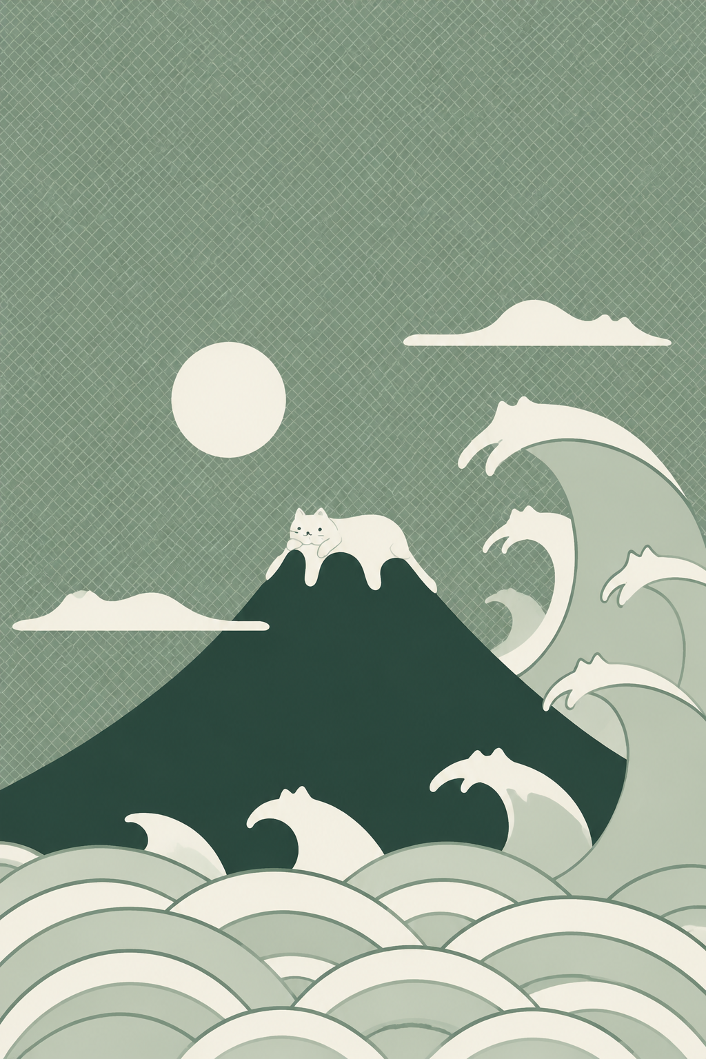 提取参考图中的门帘图案，完整复刻日式富士山猫咪海浪风格插画：灰… - 图片创意预览