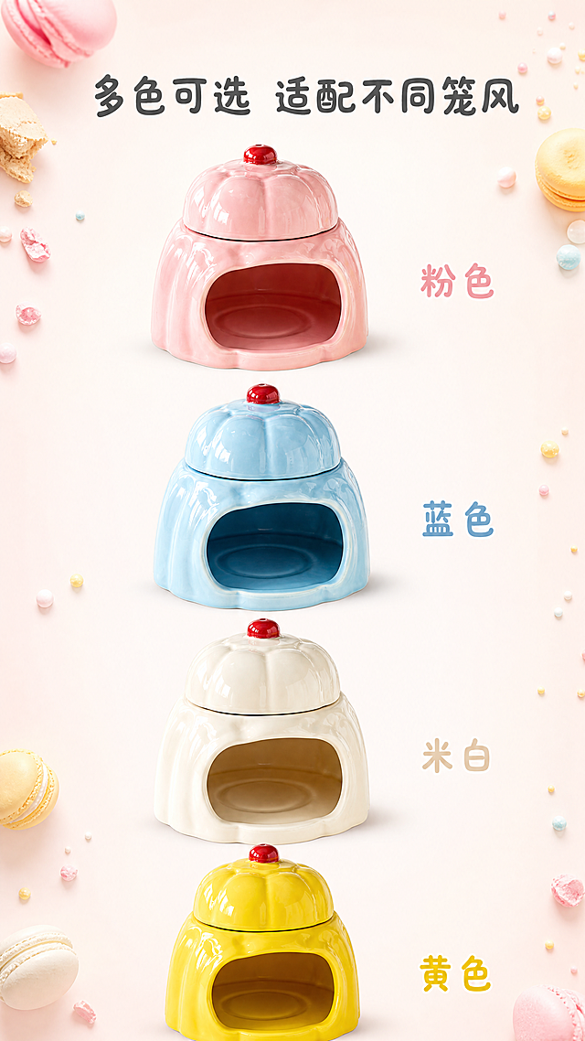 [第9屏] 全系列颜色规格展示。本屏使用【图1】作为商品主体。
[氛围/风格] 童话甜品风，马卡龙色系，整齐清爽展示，商业摄影质感。
[元素布局] 四款不同颜色（粉色、蓝色、米白、黄色）的仓鼠布丁陶瓷窝分四行横向并列展示，每一行一款，居中排列。保持每款产品原有的颜色、造型、樱桃装饰和陶瓷质感完全一致。每款产品右侧标注对应颜色名称。背景为浅马卡龙米白渐变，点缀马卡龙碎糖装饰，文字标题在顶部。
[光影质感] 均匀明亮的光线，每款产品都清晰展示，色彩还原准确，每个产品都有自然柔和投影。
[配色色系] 全局底色：#FCFAF8（浅米马卡龙）；四款产品原有颜色依次排列，文字用深灰和对应产品色，整体和谐清爽。
[视角构图] 正面平视，整齐矩阵排列，每款产品大小一致，间距均匀。
[文字版式] 顶部主标题"多色可选 适配不同笼风"，深灰色圆润字体；每行产品右侧标注对应颜色名称，文字颜色和产品颜色一致，清晰易读。
[比例分辨率] 9:16竖版比例，4K分辨率，文字清晰可辨。
[负向提示词] 产品变形，颜色偏差，结构错误，文字错乱，水印，背景杂乱