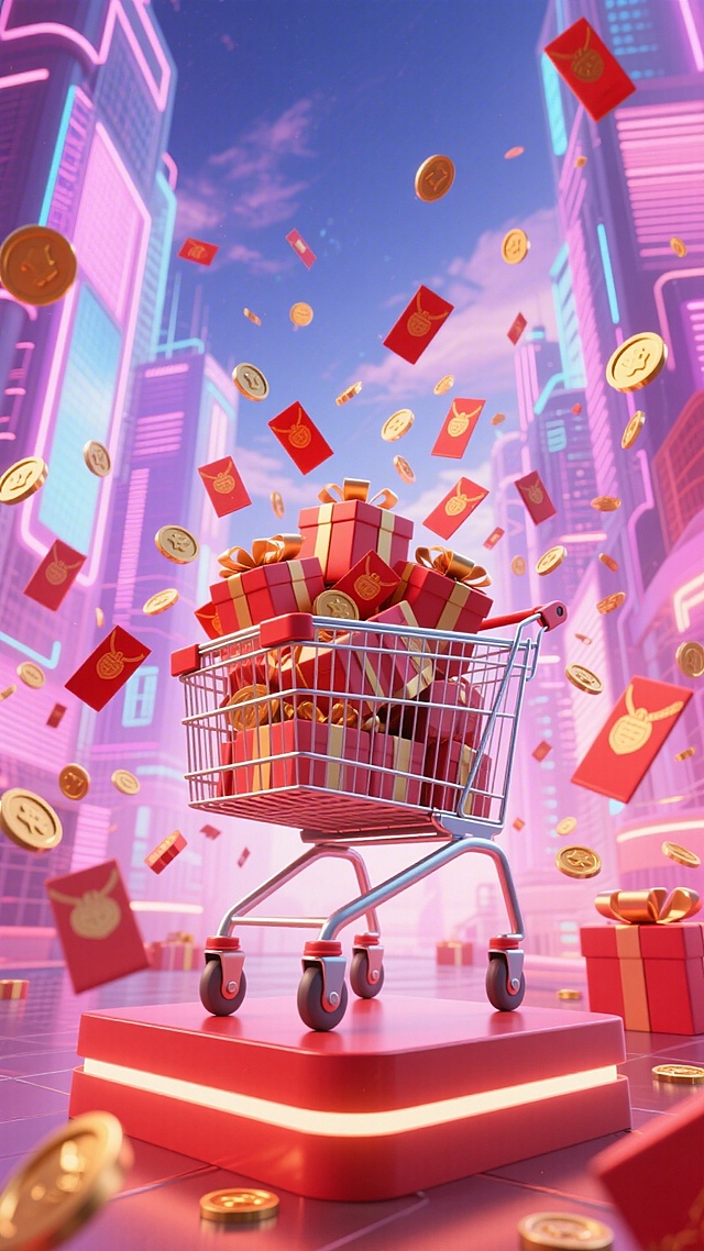 赛博朋克风3D场景，购物车满载红包与金币，霓虹闪烁，粒子飞舞，融合未来科技与喜庆氛围，梦幻酷炫，传递节日狂欢感。