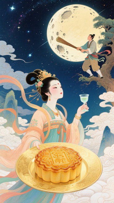 嫦娥上半身近景特写，右手拿着巨大的盘子伸向前面，里面有月饼，左手举着酒杯，人物看向前方，强烈的仰视透视感，广角镜头，背景是无垠星空，还有月球，月球上有人砍树预览效果