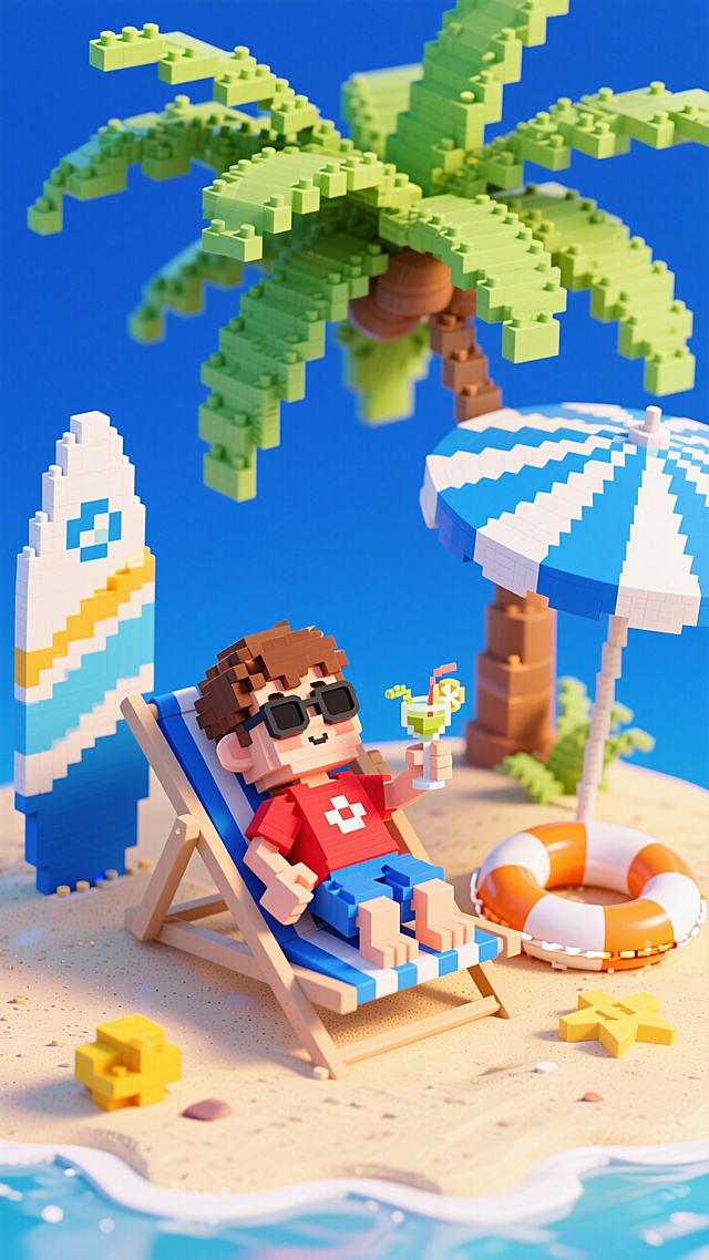 像素风微缩艺术，清新卡通海滩场景，悠闲夏日时光。