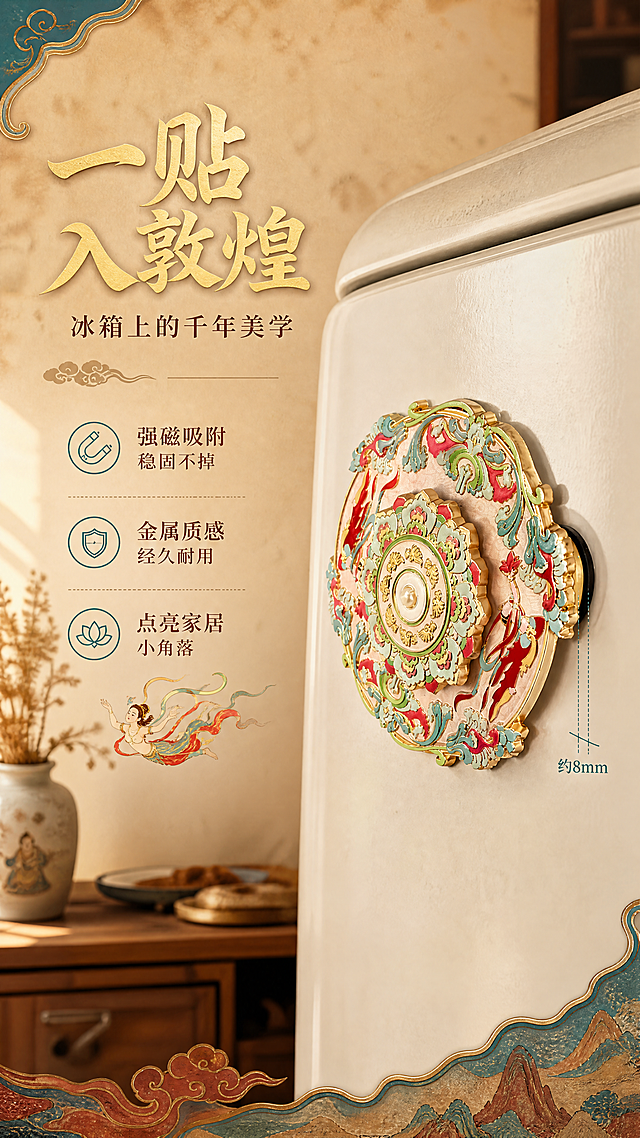 [商品] 使用【图2】飞天莲花款敦煌金属冰箱贴；保留金属珐琅材质、浮雕结构、飞天图案、莲花藻井中心、珍珠装饰、金边轮廓、红绿粉配色，清晰呈现侧面厚度与磁吸结构，不改变商品本体图案。
[画面] 场景种草图，目标展示冰箱贴真实使用效果。画面右侧为浅色复古冰箱门局部，冰箱贴吸附在冰箱门上呈45度侧视角，主体占画面50%；左侧留白放文案，背景可见厨房一角（木质餐边柜、陶瓷花瓶、干花），暖光氛围，生活感强，体现文创产品为家居增添美学质感。
[视觉] 套系策略：风格=国潮敦煌风商业摄影；标题字=国风书法衬线粗体；正文字=现代简洁宋体；主色=朱砂红+暖金；背景延展=基于敦煌壁画土黄、赭石、石青做深浅渐变与肌理质感；强调色=石青/石绿，仅用于小面积图标、引线和装饰元素；标题色=暖金色；正文色=深赭石色；组件=敦煌纹样边框、云纹分割线、圆角信息卡；光影=左前侧暖金色柔光，金属边缘高光明显，珐琅面温润反光。
[文字] 左上主标题"一贴入敦煌"，副标题"冰箱上的千年美学"，下方3个卖点：「强磁吸附 稳固不掉」「金属质感 经久耐用」「点亮家居小角落」，文字区位于左侧，不遮挡冰箱贴主体。
[规格] 图片比例9:16竖版，4K，避免变形、错字、文字过小、冷蓝灰背景、商品颜色改变、结构失真、极限词。