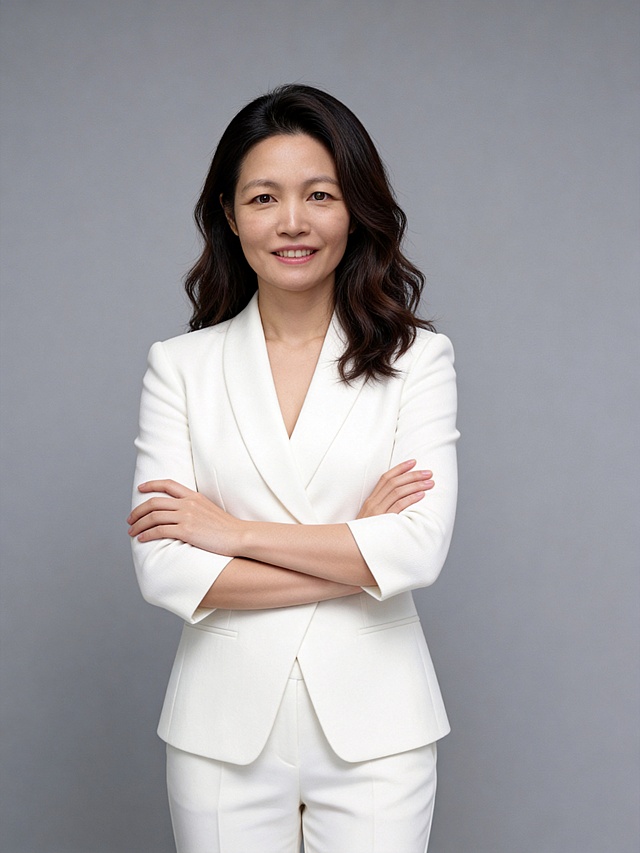 参考第一张图保留人物脸型､年龄等特征生成职场形象照,参考第二张图的人物占位和比例,标准焦段50mm,f/4光圈(f/2.8-f/4区间),平视视角(镜头与人物视线齐平)眼神明亮温和､直视镜头;人物占画面70%,人物居中(居中构图),位于画面中心,为视觉聚焦点,入境范围头部及以下至臀部下方10cm(半身像);左右留少量背景空间;头部与画面顶部保留15%空间;头部发型完整,头肩比例协调;淡妆,肤质白皙细腻;冷调白皙,极淡裸粉哑光眼影打底,极细内眼线填充睫毛根部,大直径深棕色带细微高光点的自然款美瞳;边缘模糊无生硬轮廓;眼神澄澈,看向镜头唇妆:自然水光唇釉,唇形饱满､唇峰清晰､唇面透亮光泽;发型为韩式黑棕色及肩自然大波浪卷度的长发,采用3:7侧分造型,发量偏多一侧自然垂落至肩前,另一侧向后梳理保留顶部蓬松感,发丝柔软顺滑;身穿纯白色v领交叠式精纺羊毛混纺高级西装外套(修身,微哑光质感);七分袖设计(袖口长度到小臂中上部),衣身线条流畅利落;下装同色系白色西裤,呈正面自然站立姿态,双臂交叉抱于胸前,身体呈“松弛式挺拔”状态(脊柱自然延展,肩部自然下沉), 肢体自然,干练大气,自信从容,整体手势松弛且优雅感;动作幅度柔和,兼具“专业感”与“亲和力”,身姿挺拔有度,手腕放松,自然站立姿势;嘴角微微上扬,唇角自然浅笑(唇色自然粉嫩);画面整体干净清爽,自信从容｡中度灰色背景(光线呈现均匀柔和､干净通透质感),极简干净;32k画质超高分辨率､细节清晰,现代精致感风格;眼神直视镜头,目光坚定且澄澈,表情自然｡超高清分辨率,锐度+10,清晰呈现服装材质质感与发丝细节;去除人物之外所有配饰和元素;人物叠加清爽感滤镜(曝光+3,对比度+12,饱和度+15)｡肤质哑光细腻,面部雾面柔光,轻透裸肌感,真实毛孔纹理,去除人物之外的所有元素,严格按照第一张图内容生成｡