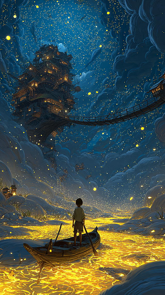 梦幻夜空下，少年泛舟于流金河面，仰望悬浮古塔，光影交织，粒子飞舞，插画风厚涂笔触营造静谧神秘的超现实童话世界。
