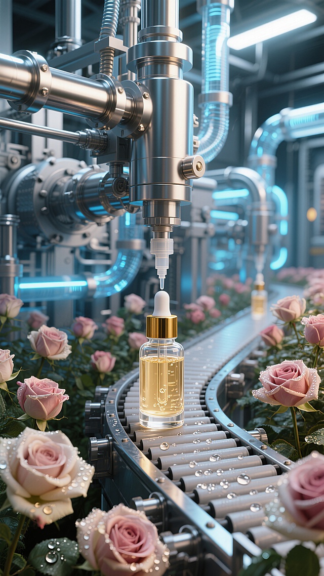 化妆品实验室灌注环节的机器特写，机器下是一条工业化生产流水线，一瓶精华正在被灌装；周围有茂密的玫瑰花丛。
