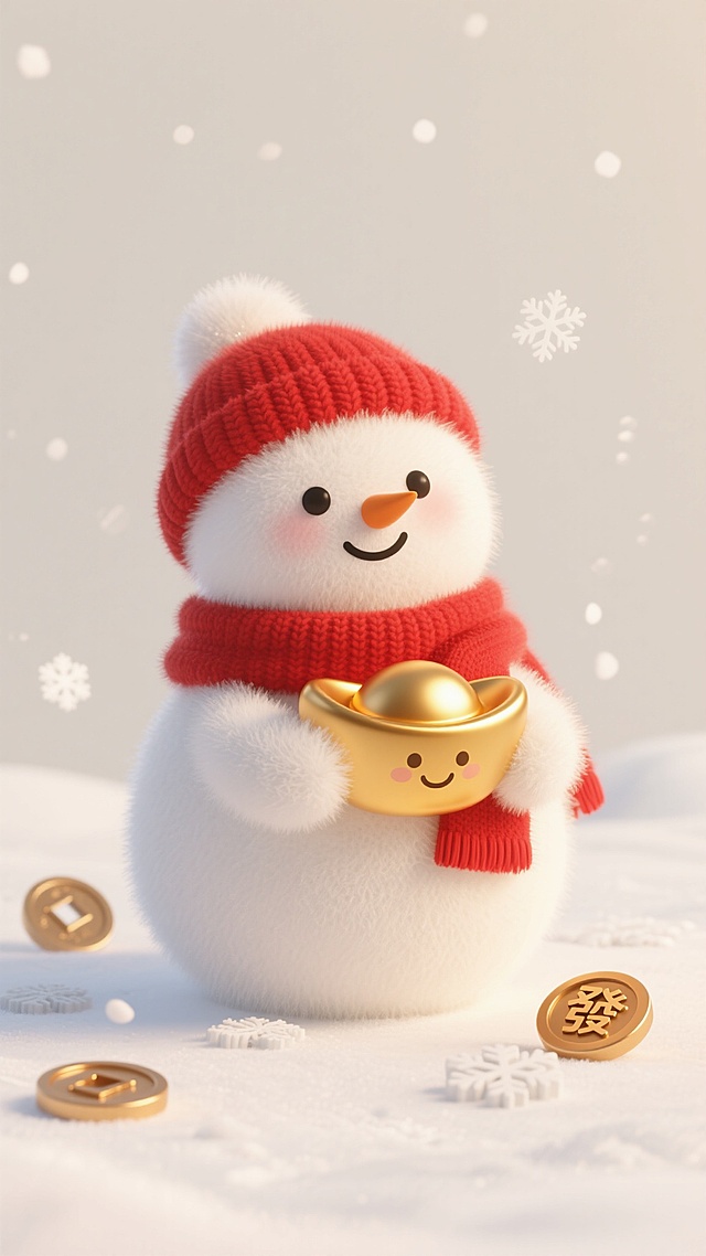 软3D风格雪人，拟人化设计，毛发生长质感，红帽围巾喜庆十足，手持金元宝与金币，融合卡通感与金属风，传递新春吉祥氛围。
