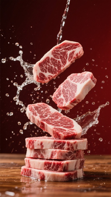 高质感美食摄影风格，深红色背景，木质桌面上堆叠着纹理清晰、红白相间的雪花牛肉，几片牛肉正从上方跃起，周围溅起晶莹剔透的水花和水珠，光线聚焦在牛肉上形成柔和高光，突出肉质的鲜嫩与光泽，整体画面富有动感与食欲，色调温暖浓郁，细节清晰，营造出新鲜食材的活力氛围。预览效果