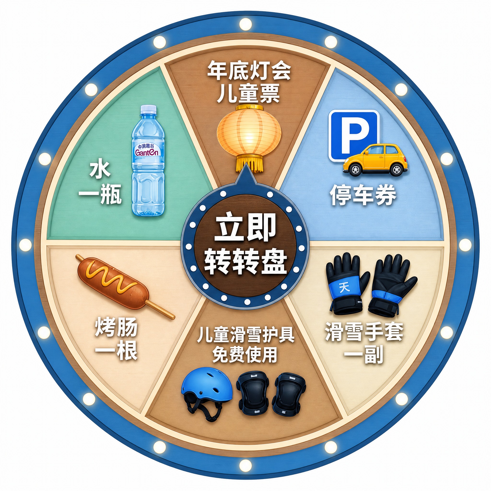 一张正圆形的幸运大转盘盘面设计图，风格与参考图完全一致：滑雪场… - 图片创意预览