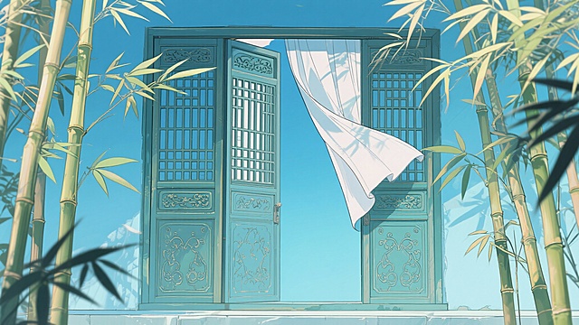 二次元古风，竹子门，浅蓝色为主，细节丰富，生成2张，不要人，4k，16:9