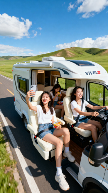 白色C型IVECO房车行驶在开阔的草原公路上，蓝天白云。车内3位年轻女性20-30岁，副驾驶女生在自拍，后排女生在吃零食，驾驶位女生开心开车。展现闺蜜出行的自由与快乐，年轻女孩的房车旅行，真实摄影风格预览效果