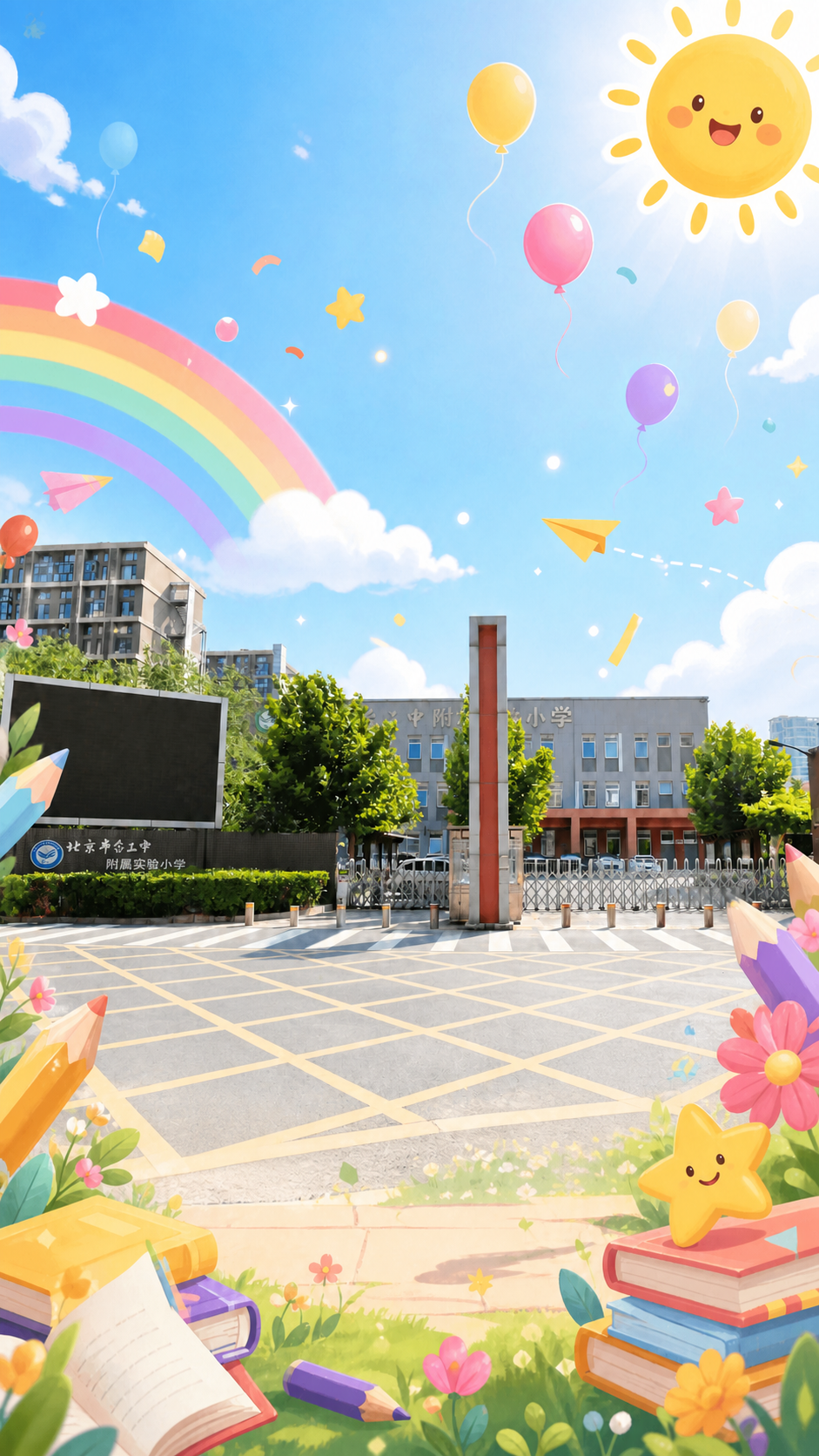 去掉画面中的两个卡通小孩人物，其他所有元素保持不变，包括学校大… - 图片创意预览