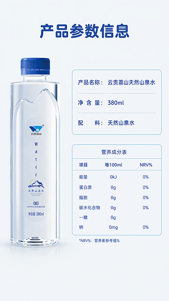 [第8屏] 产品规格与信息展示屏。
[氛围/风格] 简约信息排版，清晰工整，多留白，干净通透。
[元素布局] 左侧放置一瓶云贵荔山矿泉水产品图，保持瓶身结构颜色标签与原图一致，右侧为产品参数和营养成分信息表，整体左右布局，顶部预留主标题区域，底部留白，不拥挤。
[光影质感] 均匀柔光，产品和文字都清晰可见，整体干净明亮，层次分明。
[配色色系] 全局底色：#F0F4F5（浅青灰）；主体：透明瓶身+蓝色瓶盖，信息表浅蓝框线，文字深蓝色，保持一致。
[视角构图] 左右分栏平视布局，产品左侧，信息右侧，整体留白充足，排版工整。
[文字版式] 顶部主标题「产品参数信息」深蓝色圆角黑体，纯色填充，居中，字号7%；右侧信息表包含：产品名称：云贵荔山天然山泉水，净含量：380ml，配料：天然山泉水。下方简单营养成分表，表格边框浅蓝色，文字深蓝色，行距充足。字体全套统一使用圆角黑体，字色仅深蓝色，纯色填充。排版工整，多留白。
[比例分辨率] 9:16竖版比例，4K分辨率，文字清晰可辨，超高清。
[负向提示词] 瓶身扭曲变形，画面模糊，低画质噪点，多余水印乱码文字，多余人物动物，杂乱多余装饰，水花崩坏畸形，过曝死白，发黑暗沉，排版混乱错位，色彩刺眼艳俗，凭空出现无关场景，裁切残缺画面，虚假夸张极限文案。