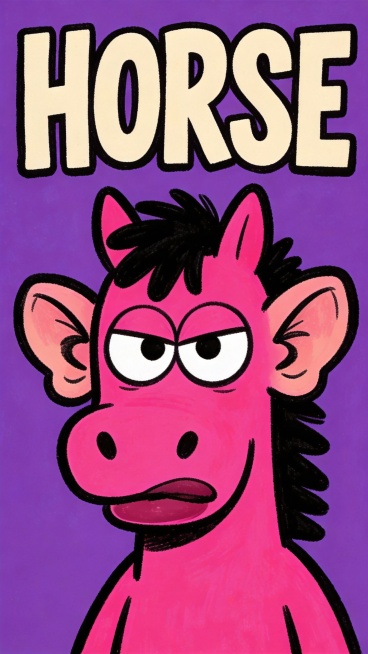 风格为搞怪复古的儿童卡通涂鸦，多巴胺配色，画面主体是一只儿童手绘的亮粉色的抽象拟人化小马，有着黑色鬃毛，五官比例夸张不协调，瞪大的白色圆眼睛里是黑色瞳孔，有着被夸张放大的招风耳和厚嘴唇，表情略带不悦。预览效果