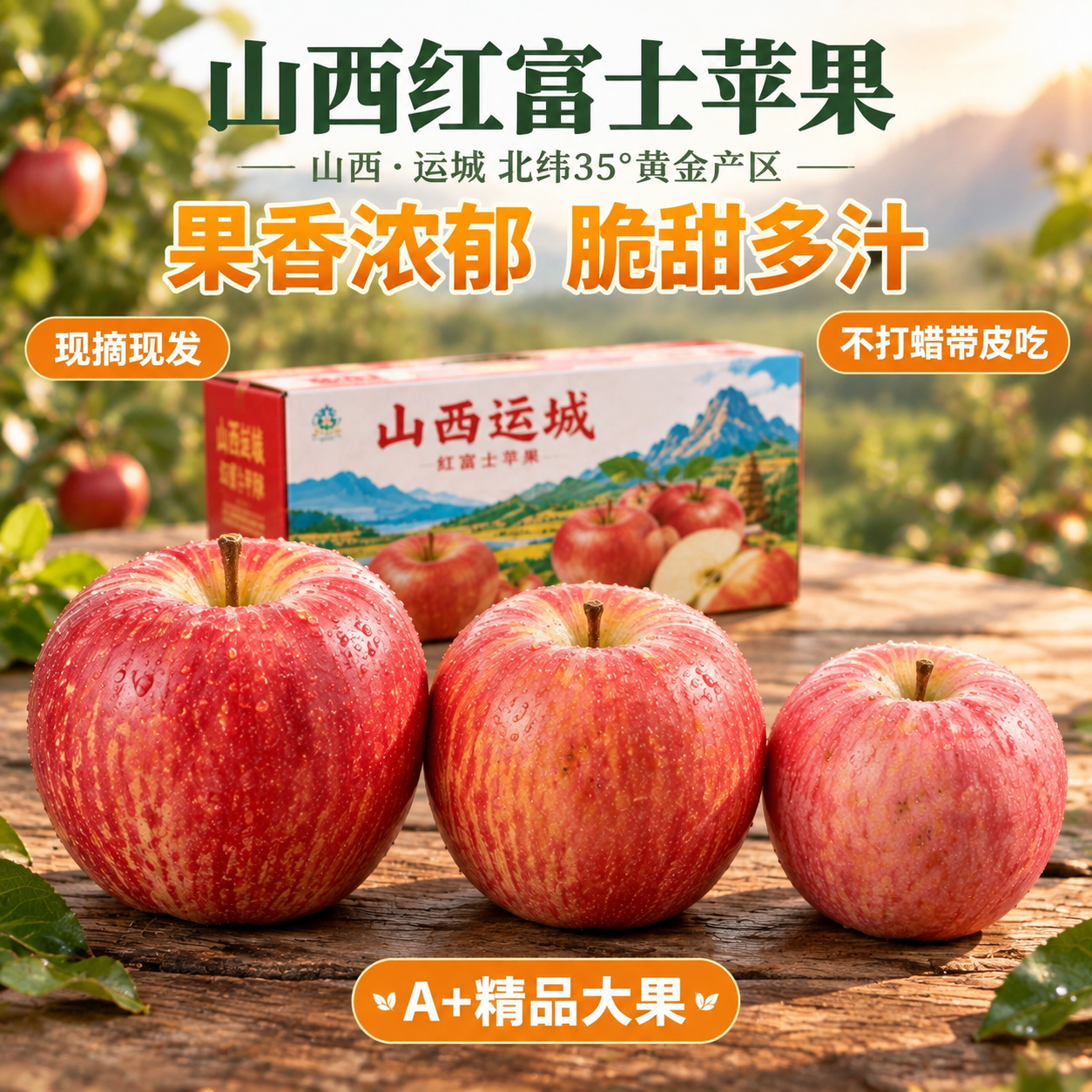 [主图-2] 山西运城红富士苹果木质餐桌场景图，突出果香浓郁与… - 图片创意预览