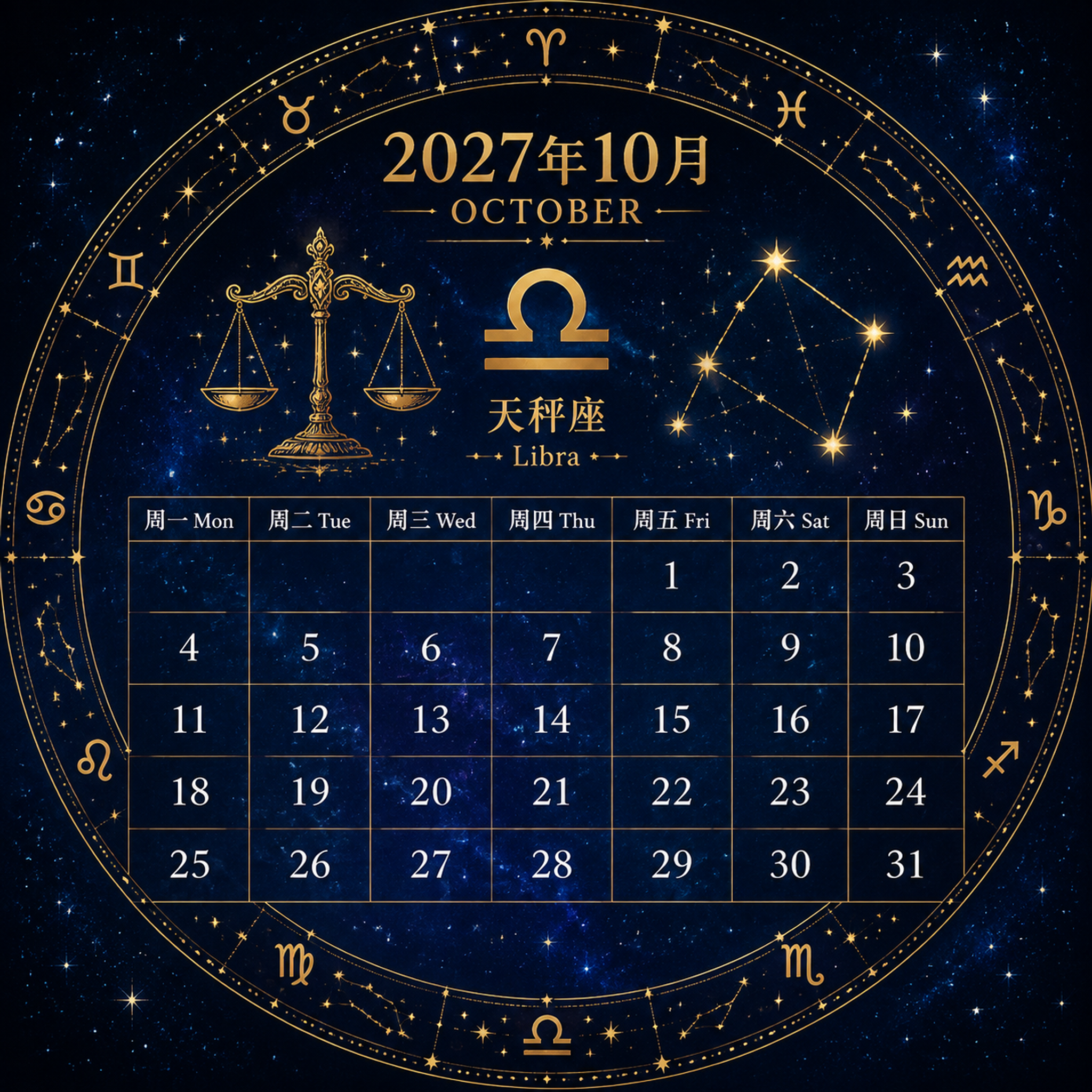 2027年10月圆形星座日历，正圆形构图，深蓝星空背景带金色星… - 图片创意预览