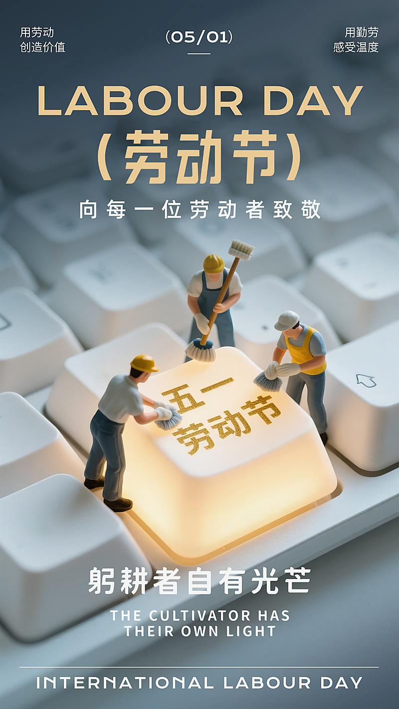 五一劳动节放假节日祝福灰色微缩摄影竖版海报