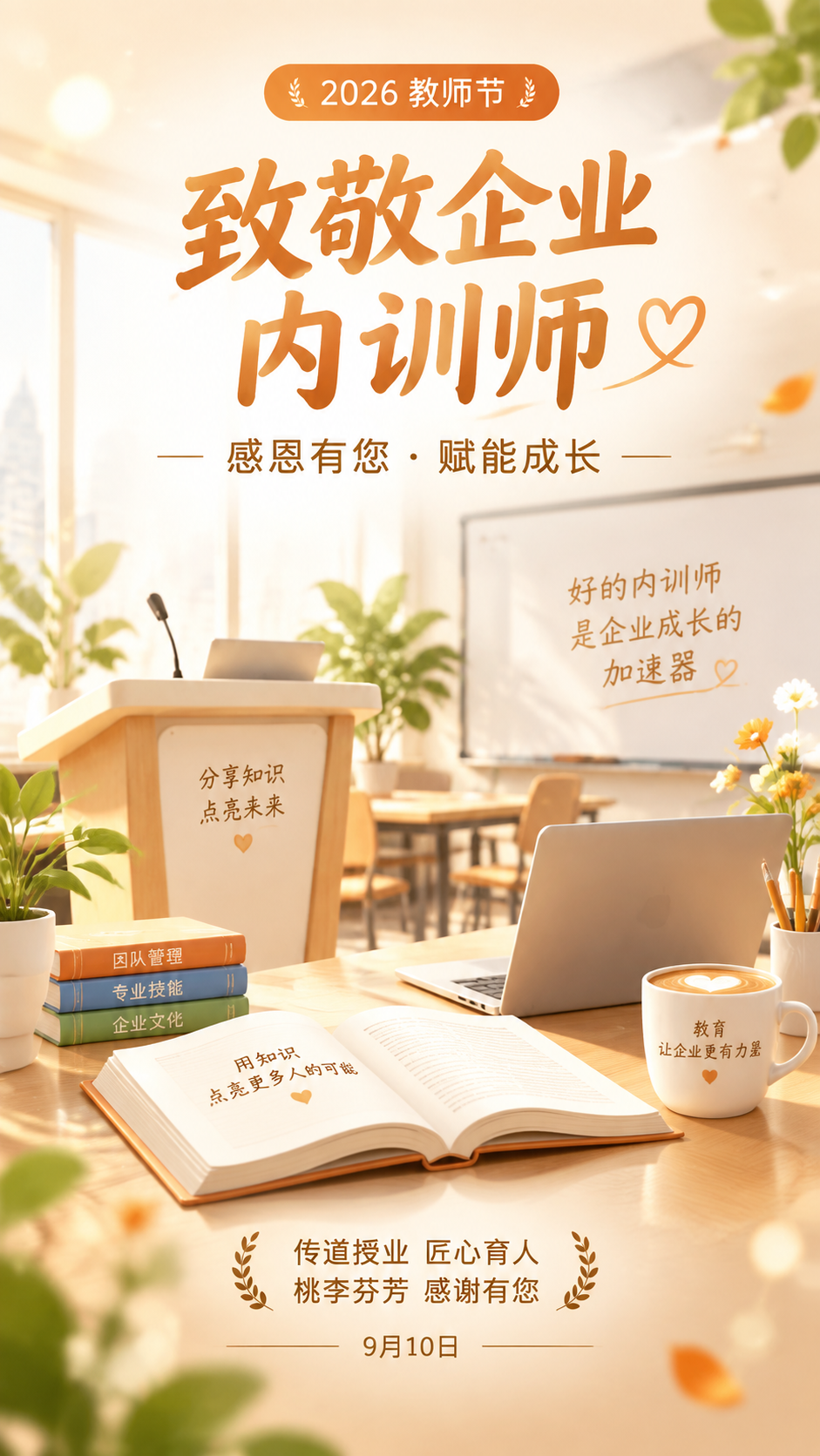 3D 渲染风格的企业教师节海报，2026年9月10日教师节，致… - 图片创意预览
