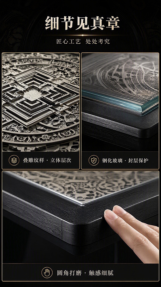 [第6张] 详情页细节特写页-叠雕纹样微距 + 玻璃封层 + 边角工艺三宫格展示。本张使用【图1】作为产品细节来源，保持纹样与材质与原图一致。
[氛围/风格] 微距工艺美学，黑金高级质感，细节极致呈现，匠心氛围。
[元素布局] 画面采用三宫格横向排列，每格展示一个细节特写：①左上格：多层木质叠雕坛城纹样微距特写，展示雕刻的立体层次与木纹肌理，光线侧打突出浮雕感；②右上格：钢化玻璃边缘与封层工艺特写，展示玻璃厚度、通透度、与木框拼接的严丝合缝；③下方整行通栏格：茶几边角打磨工艺特写，展示黑色贴木皮框架的圆角处理、拼接缝隙细节，手部轻轻抚摸边角；背景为深色哑光底，每格有微弱光晕突出主体。
[光影质感] 每格独立侧光布光，强调材质肌理与立体感，玻璃突出反光与通透，木材突出层次与纹理，框架突出哑光质感。
[配色色系] 全局底色 #1A1A1A 深黑；主色黑色+木色银灰；辅助色暖金分割线、白色标题；点缀色肤色。
[视角构图] 三宫格构图，上两格下一格，阅读动线从上左→上右→下。
[文字版式] 顶部主标题「细节见真章」，副标题「匠心工艺 处处考究」，宋体居中；三宫格每格下方分别标注「叠雕纹样 · 立体层次」「钢化玻璃 · 封层保护」「圆角打磨 · 触感细腻」；每个标注配小图标，文字清晰可读。
[比例分辨率] 9:16 竖版比例，4K分辨率，文字清晰可辨，高清画质。
[负向提示词] 细节模糊，材质失真，水印，文字错乱，手部变形，颜色偏差。
