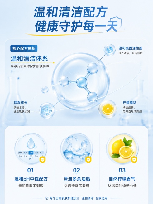 [第3屏] 成分功效解析屏-舒肤佳柠檬沐浴露温和清洁配方。
[氛围/风格] 专业成分科普风，干净简约，实验质感，科学可信。
[元素布局] 上半部分放大展示核心功效分子示意图，占比约50%；下半部分分三预览效果