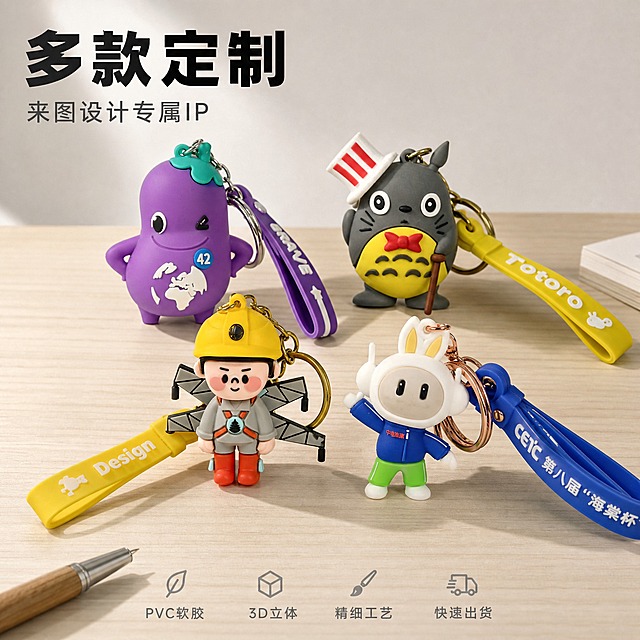 电商主图 四款软胶公仔钥匙扣合集 简洁写实风格 正方形 四个产品摆放。
整体风格简洁干净 写实摄影风格 四个产品同框展示 生活化桌面场景 产品为主。
背景是浅米色木质桌面 干净的木纹桌面 上方浅灰白色墙面 非常简洁 自然光从左上方照射 有柔和的阴影 像放在书桌上的真实拍摄效果。
画面中摆放四个不同造型的软胶公仔钥匙扣 参考四张产品图 分别是紫色茄子公仔 灰色动物造型公仔 黄色头盔工人造型公仔 白色兔子公仔 四个公仔都是PVC软胶材质 质感饱满真实 各有金属挂扣和硅胶腕带。
四个公仔钥匙扣错落摆放在木质桌面上 前排两个 后排两个 高低错落有层次感 每个公仔都有自然的阴影 腕带自然垂落 姿态各不相同 整体布局平衡 产品清晰可见 像真实摆放在桌面上的效果。
左上角简洁大字写多款定制 黑色粗体无衬线字体 下方一行小字写来图设计专属IP 灰色细体字 底部四个小图标加文字 浅灰色 分别是PVC软胶 3D立体 精细工艺 快速出货 文案简洁 不抢产品风头。
桌面上可以有一两件小物件点缀 比如一支笔 非常生活化 但不抢主体。
产品真实PVC软胶质感 哑光细腻 金属挂扣有真实金属光泽 硅胶腕带柔软 木纹桌面纹理自然 光影柔和真实 像专业产品摄影。
输出要求 正方形 2K分辨率 电商主图 四个产品同框 简洁写实 产品清晰突出 生活化真实感。
负向提示词 花哨 复杂背景 卡通插画 手绘 人物 真人 水印 变形 文字错误 过多装饰 拥挤 看不清产品。