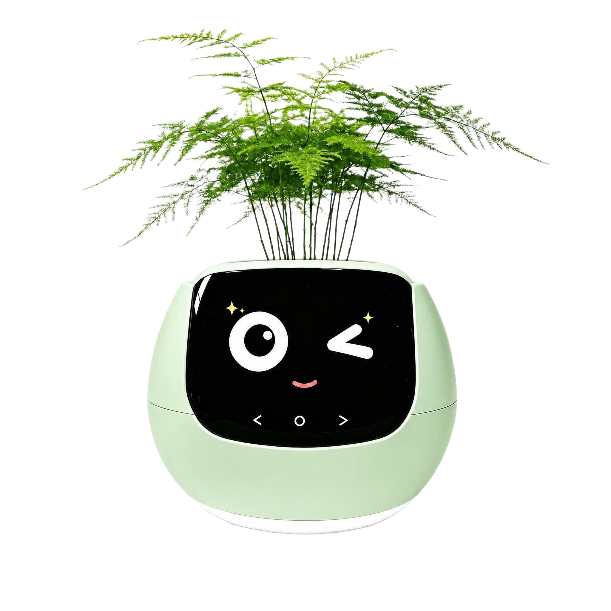 生成薄荷绿色款花盆：整体结构、白色底座、眨眼卖萌表情、文竹植物… - 图片创意预览
