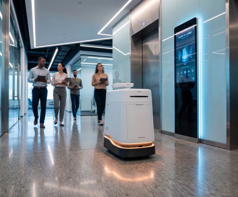 The Nubo A01 robot autonomously navigates a modern office corridor, passing by a digital elevator pa预览效果