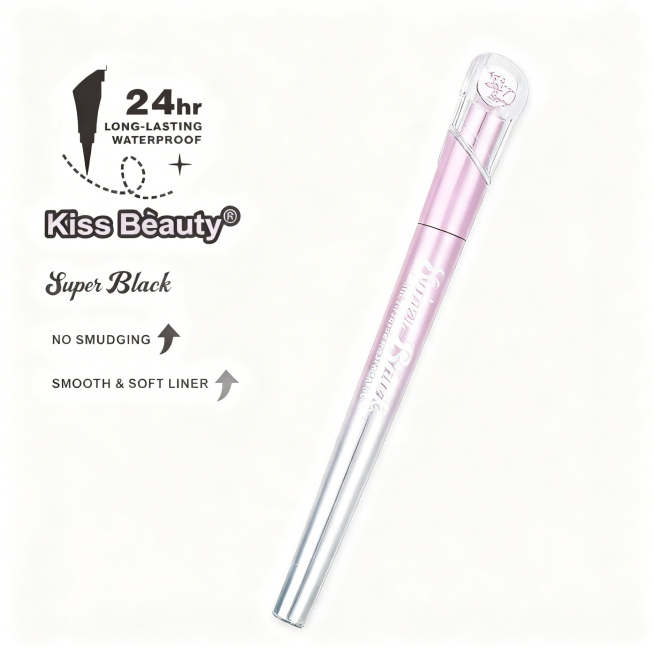 基于参考图生成Kiss Beauty眼线笔的电商主图，纯白色背景，只展示产品本身，产品为粉色银渐变包装的黑色细头眼线笔，将图中文字保留并转换为英文，整体干净简洁，适合搜索结果页展示预览效果