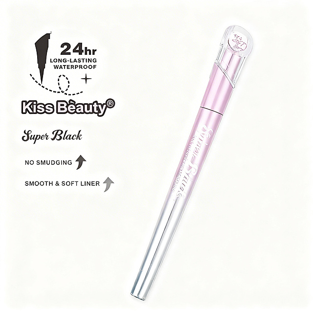 基于参考图生成Kiss Beauty眼线笔的电商主图，纯白色背景，只展示产品本身，产品为粉色银渐变包装的黑色细头眼线笔，将图中文字保留并转换为英文，整体干净简洁，适合搜索结果页展示