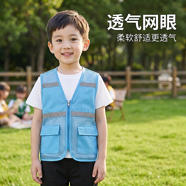 [主图-3] 儿童研学户外场景蓝色男童马甲展示。[氛围风格] 清新自然户外研学氛围，阳光开朗少年感。[画质] 商业摄影质感、光线柔和通透、产品清晰真实、画面干净高级。[元素] 小男孩身穿浅蓝色儿童反光网面马甲，站在户外研学基地的草坪上，背景自然虚化。保持马甲外观结构材质颜色与输入产品图一致，杜绝变形色差。商品主体占比约70%，画面满屏无边框。[光影] 自然侧光，突出网眼纹理和反光条材质细节，明暗层次分明。[配色] 浅蓝马甲，绿色草地背景，对比清晰。[视角构图] 平视中景构图，展示蓝色款正面全貌。[文字版式] 右上负空间，大字“透气网眼”，小字“柔软舒适更透气”，不遮挡主体。[比例分辨率] 1:1比例，2048px*2048px，4k分辨率，文字清晰可辨。[负向提示词] 变形，文字错乱，产品图模糊，背景杂乱，水印，电商平台Logo