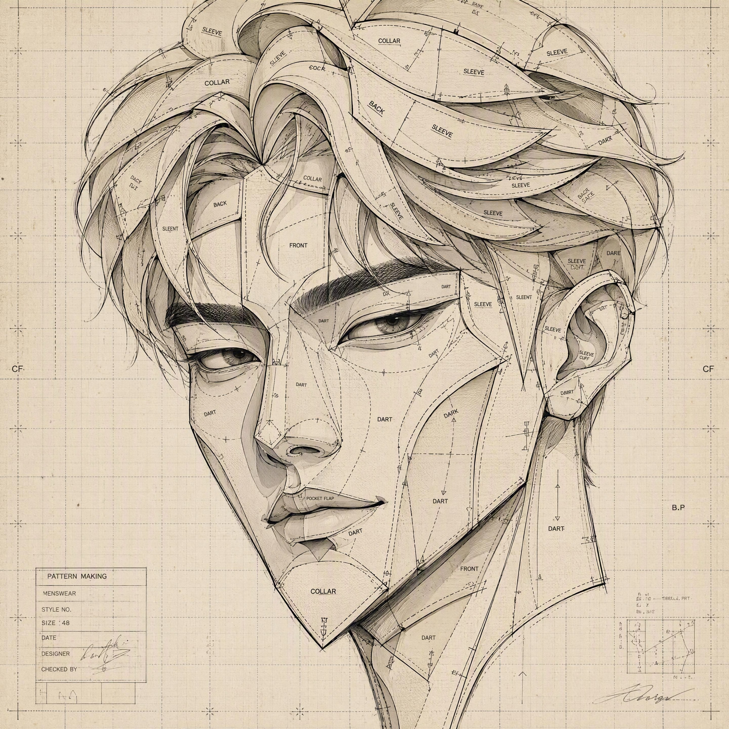 创意概念插画，以服装版型为唯一构成元素的帅气男性人物头像，视错… - 图片创意预览