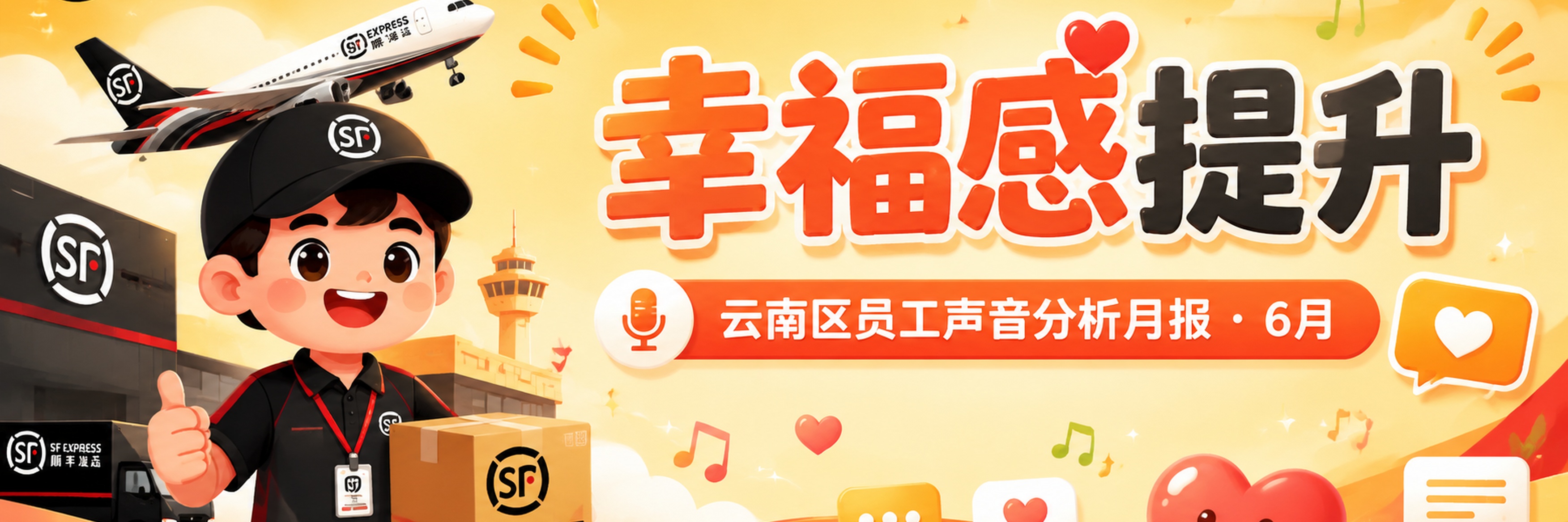 卡通风格文档封面横幅，主题为幸福感提升员工声音分析月报。画面左… - 图片创意预览