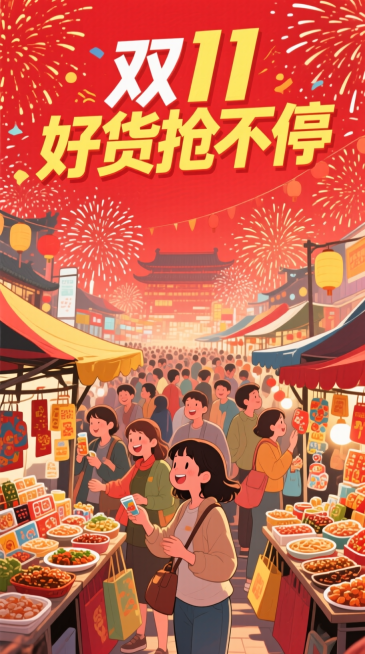 动漫风格，以鲜艳的红色和明亮的黄色为主色调，画面上方是”双11 好货抢不停“，下面有充满烟火气的集市摊位，背景是熙熙攘攘的购物人群，营造出热烈欢快的购物氛围。预览效果