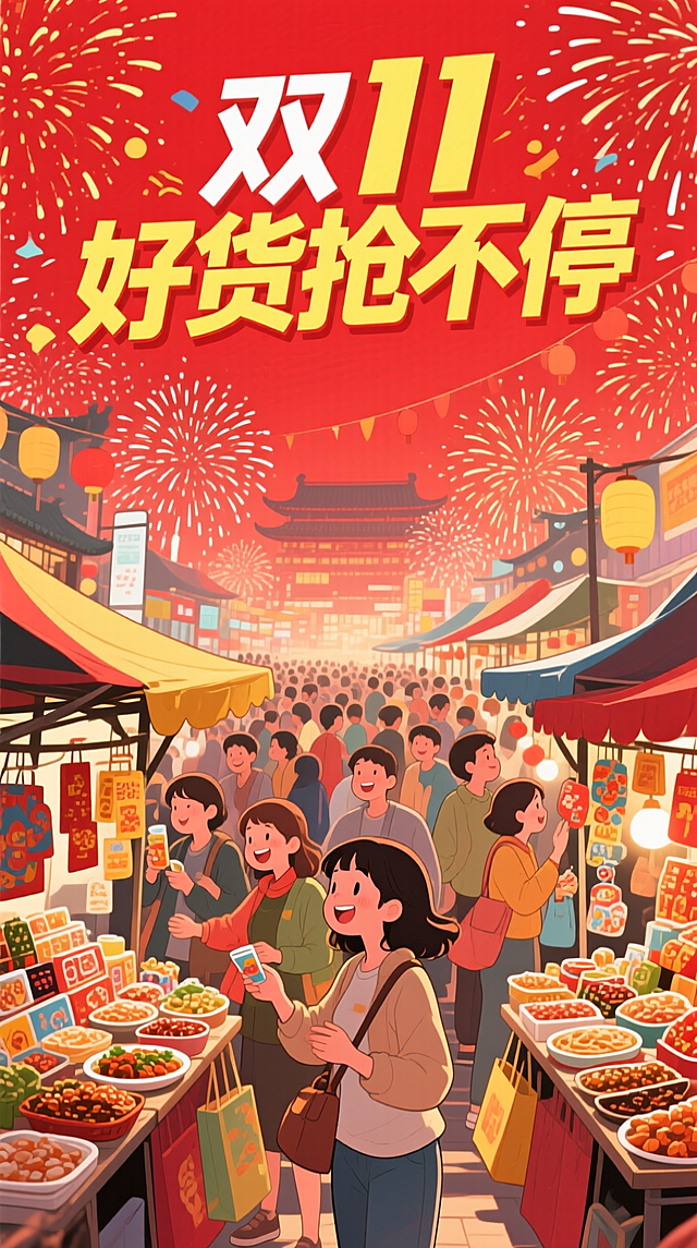 喜庆红底配烟花，国潮风市集热闹非凡，卡通人物穿梭其间，剪纸元素点缀，大字标题醒目，插画风格传递双11狂欢氛围。