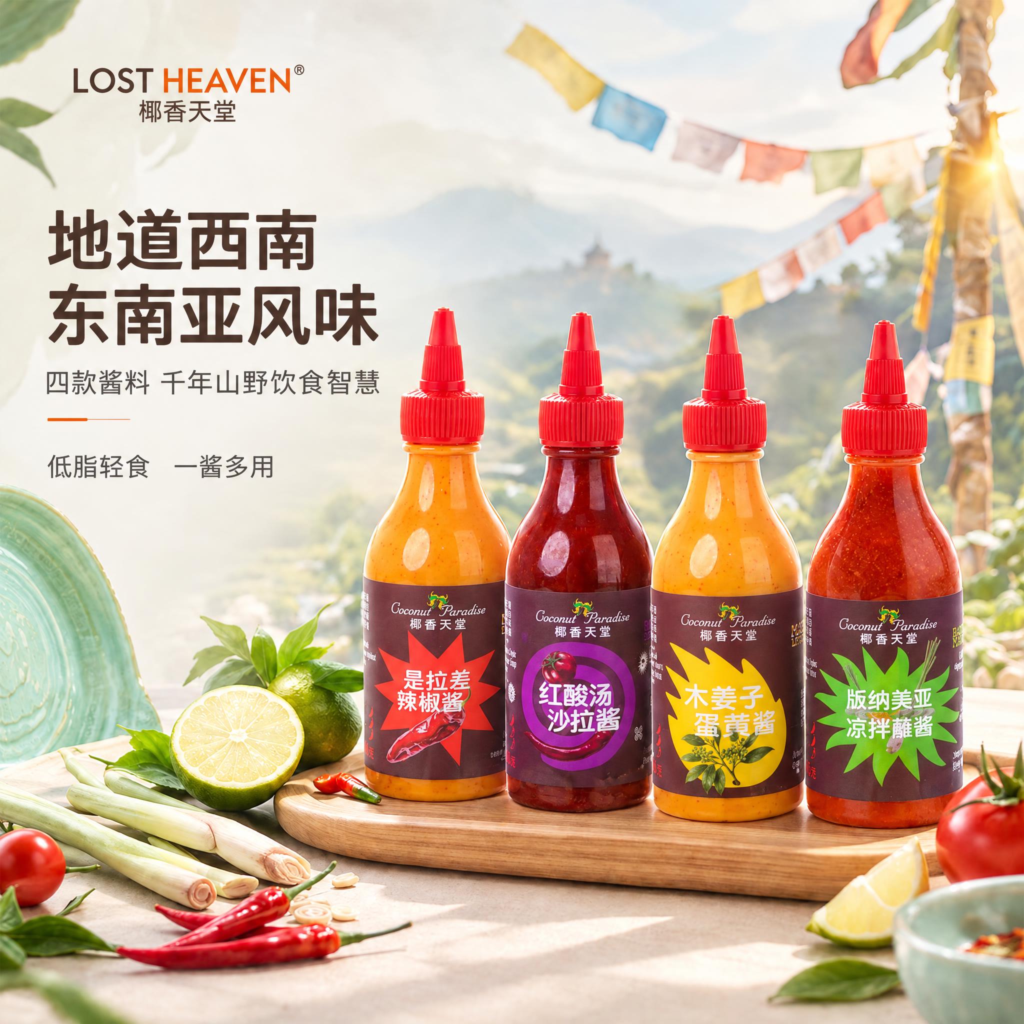 将图中的4瓶酱料产品主体替换为参考图中的对应4款新酱料瓶，从左… - 图片创意预览