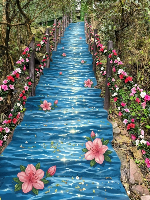 在台阶上绘制地绘，地绘由蓝色湖面和波光组成，上面绘制少许大小不一，错落有致的卡通杜鹃花，台阶两侧围栏上有秩序的缠绕杜鹃花装饰。不要人物，实拍图，电影质感预览效果