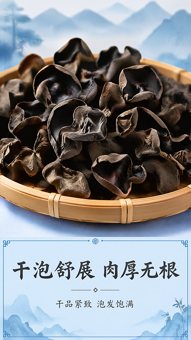 [第3屏] 干黑木耳质地品质特写屏-东北干货黑木耳干品质地展示。
[氛围/风格] 蓝色水墨国风，自然质朴，微距摄影质感，突出干货真实质地，色调清爽干净。
[元素布局] 画面上半部分为干黑木耳微距特写，大量黑褐色干木耳堆叠在原木色竹制簸箕上，木耳卷曲褶皱纹理清晰可见，占据上三分之二画面；下半部分为浅蓝色信息卡区域，用来放置文案。木耳纹理清晰，质感干硬蓬松，展现自然干货品质。前景干净竹编纹理，背景淡蓝色水墨远山虚化，突出主体木耳。
[光影质感] 侧上方柔和打光，突出木耳卷曲褶皱的纹理质感，底部浅灰色自然投影，整体明暗层次清晰，真实自然。
[配色色系] 全局底色：#E6F3FF（浅天蓝）；主体配色：#212121（木耳黑褐色）+ #DEB887（原木竹编）+ #1E88E5（信息卡蓝）；辅助色同首屏保持一致，字色沿用深灰。
[视角构图] 微距特写视角，木耳铺满上半屏，底部信息区平整，从上至下阅读动线流畅。
[文字版式] 底部浅蓝色信息卡主标题「干泡舒展 肉厚无根」深灰色书法字体，居中对齐，字号为画面宽度6%-8%；副标题「干品紧致 泡发饱满」浅灰色小字居中；保持书法感字形，字色深灰，字效纯色填充，和首屏字体风格完全一致。
[比例分辨率] 9:16竖版比例，4K分辨率，文字清晰可辨，超高清。
[负向提示词] 木耳腐烂变质，颜色发黑发臭，纹理模糊，背景杂乱，文字错乱，极限词，虚假宣传。