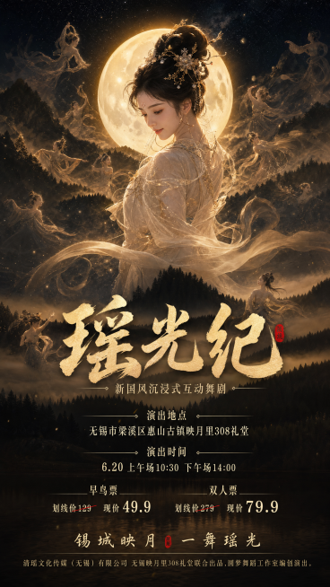 主题人物温婉古装美人身穿薄纱回眸浅笑，低眉垂目，尽显中国东方美态，主题大字"瑶光纪"，小字"新国风沉浸式互动舞剧"，文字信息：演出地点无锡市梁溪区惠山古镇映月里308礼堂，演出时间 6.20 上午场1预览效果