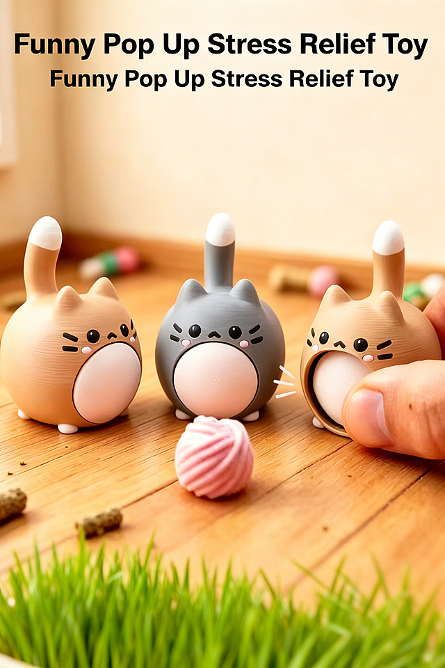 跨境电商主图，创意猫咪弹蛋解压慢回弹摆件，配英文卖点文案"Funny Pop Up Stress Relief Toy"，突出跨境爆款卖点，图文结合设计，2:3主图构图，清晰美观