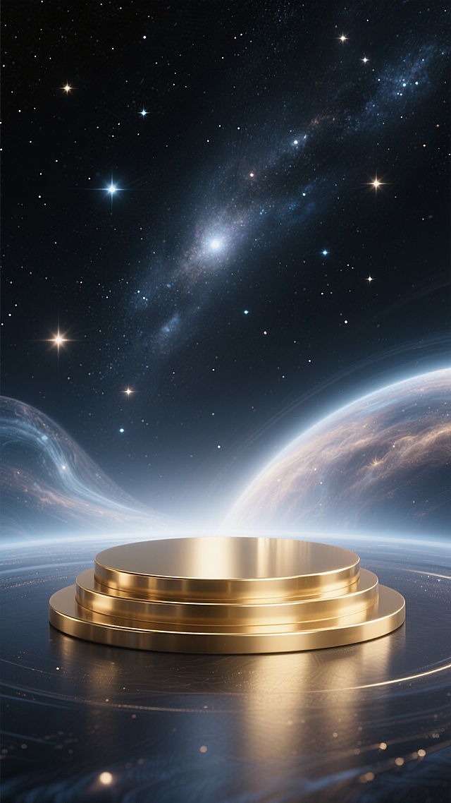 一个光滑的金色圆形展示台，置于深邃的宇宙星空背景下，周围环绕着闪烁的星辰和柔和的星云光晕，光线从展示台底部向上投射，形成神秘而梦幻的光影效果，整体氛围静谧而富有未来感，保持金色金属材质的细腻质感和圆形展台的简洁造型
