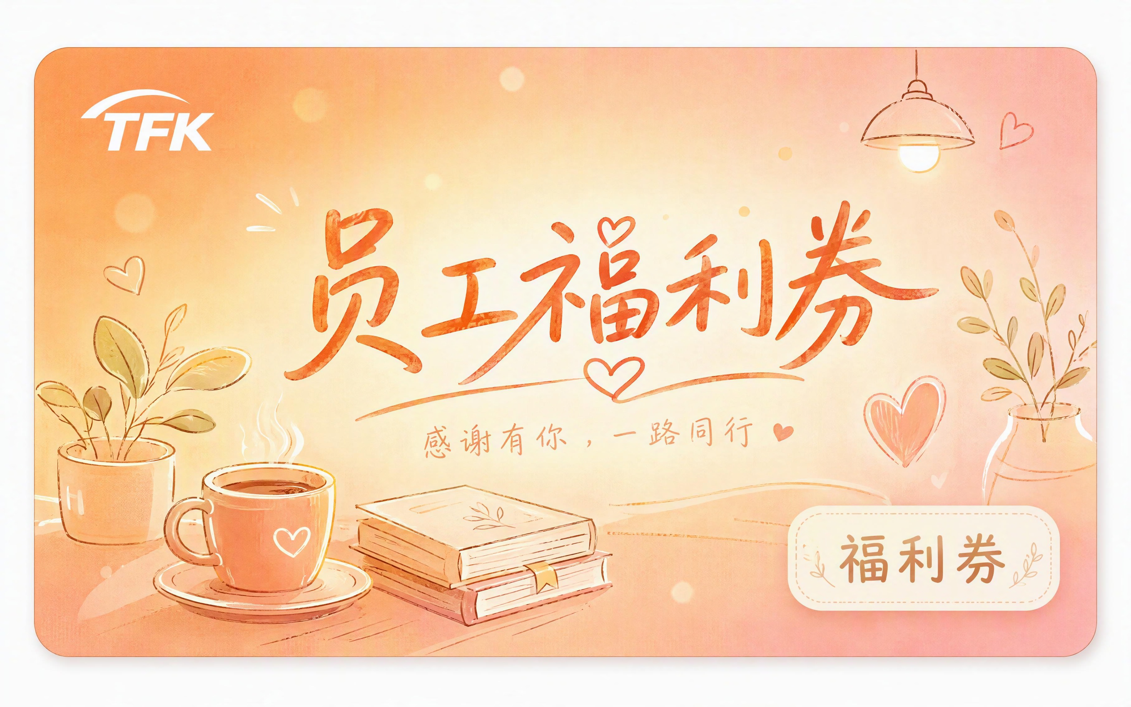 温馨关怀风格企业员工福利代金券正面设计，暖橙色到浅粉色的柔和渐… - 图片创意预览